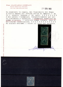 1879 Cent 25 Azzurro Numero 40 Sassone Certificato Giordani Gomma Originale